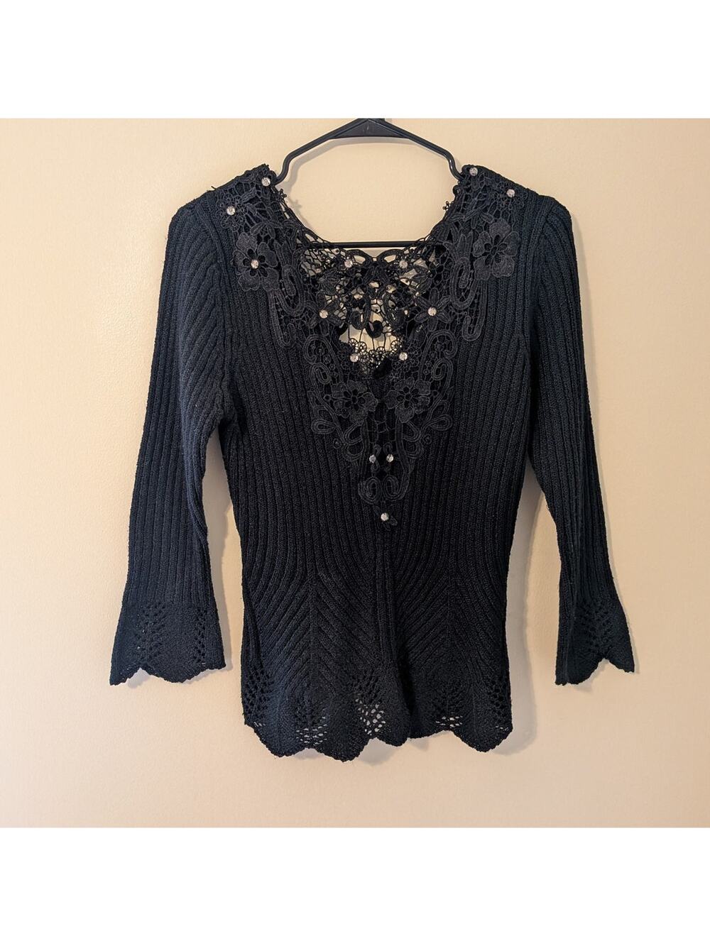 Stephen Y Black Blouse With Crochet/Lace Collar
